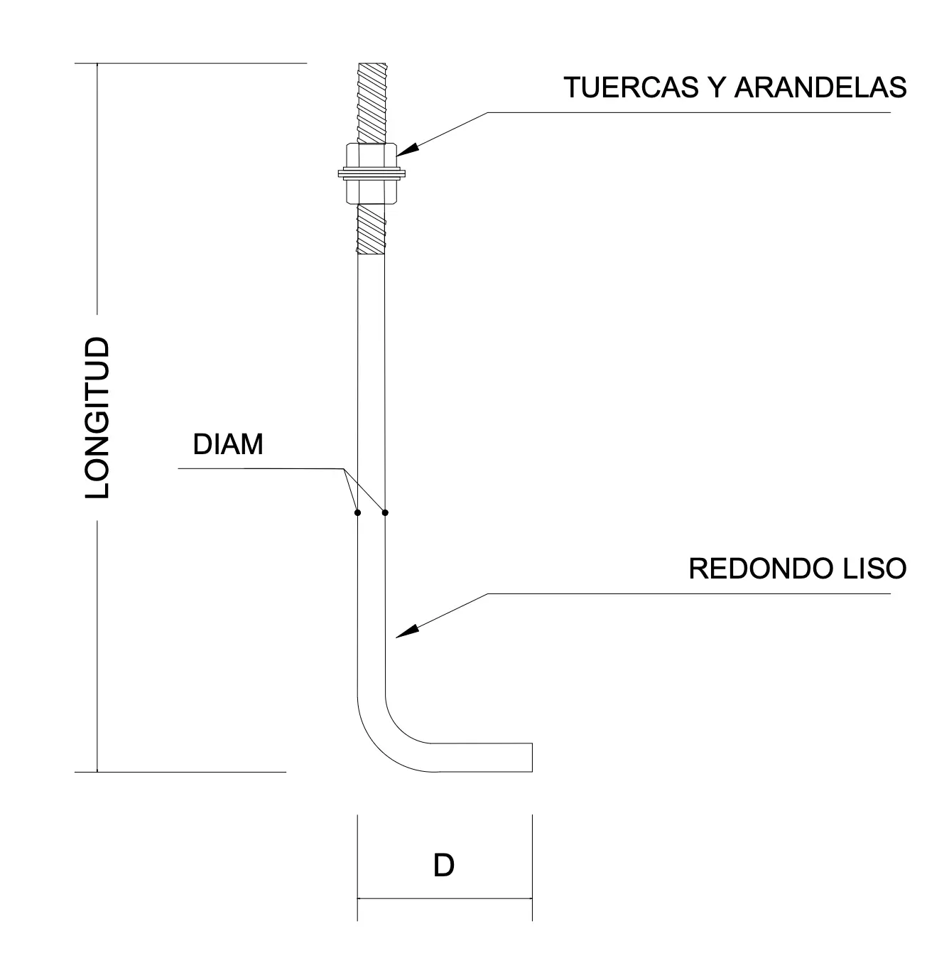Representación gráfica de un anclaje tipo L, utilizado para fijaciones en ángulo recto en estructuras de soporte.